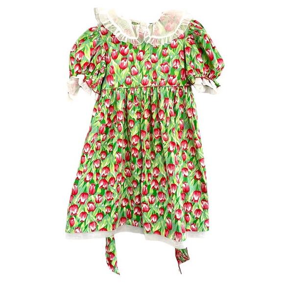Vintage 90s Girls Tea Party Dress Baby Doll Collar Tulip Easter Dress Girl 6X - Picture 2 of 12